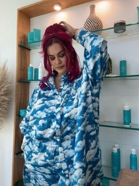 Dressed in Lala size XL satin Cloud Print Button-Up Tunic & Wide Leg Set